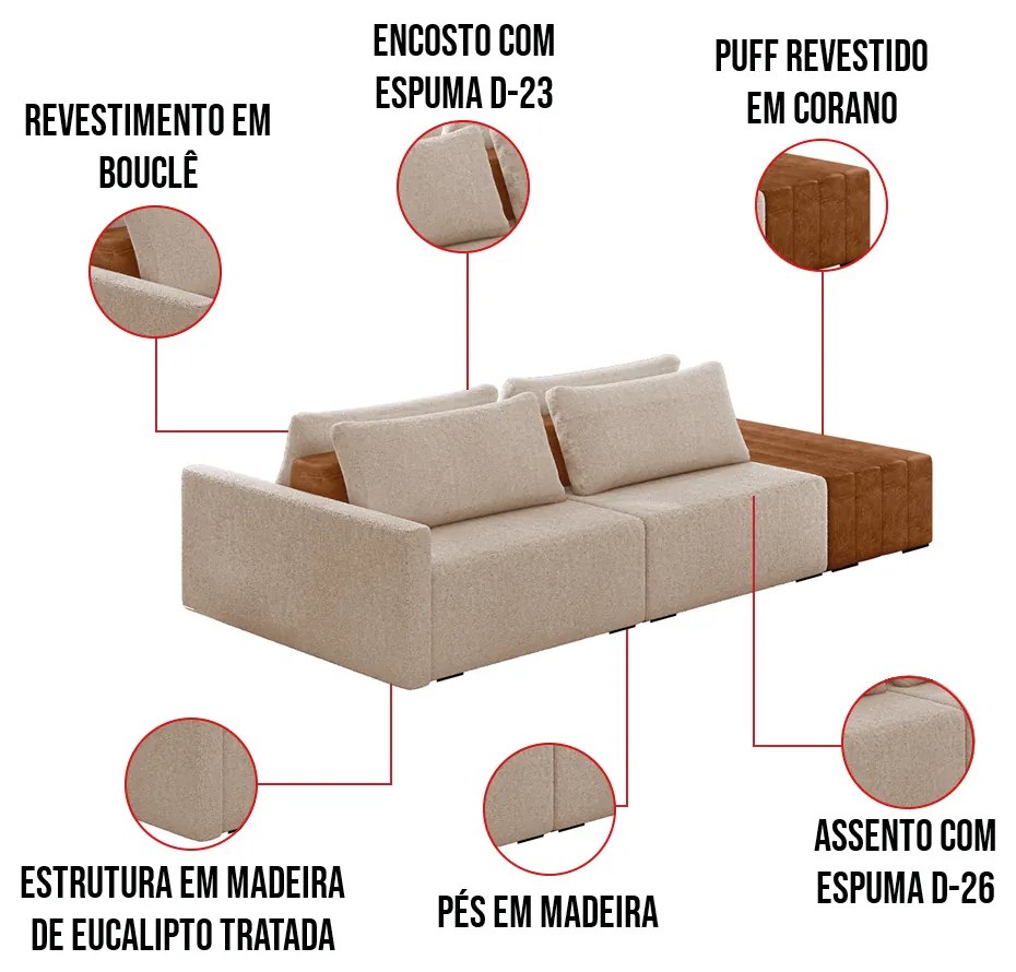 Sofá Ilha 2 Lugares Living 232cm Modulado para Sala Lary Bouclê K01 - D'Rossi - Creme