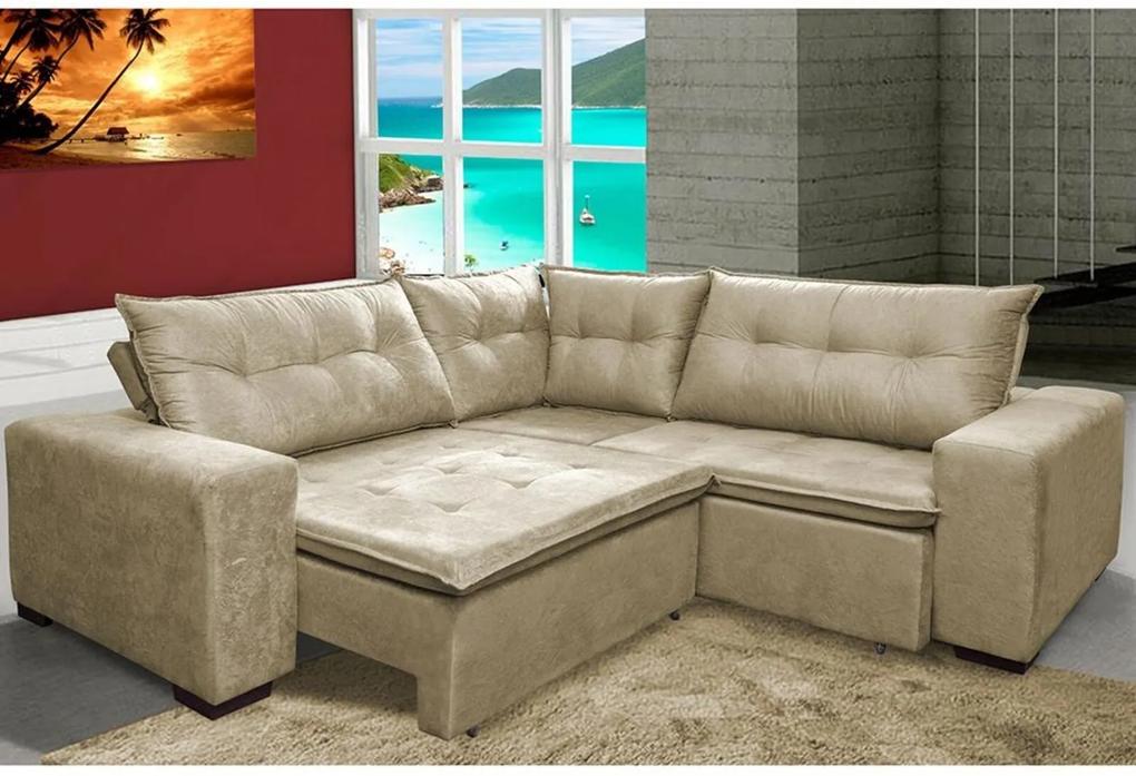 Sofa de Canto Retrátil e Reclinável com Molas Cama inBox Oklahoma 2,40m x 2,40m Suede Velusoft Bege