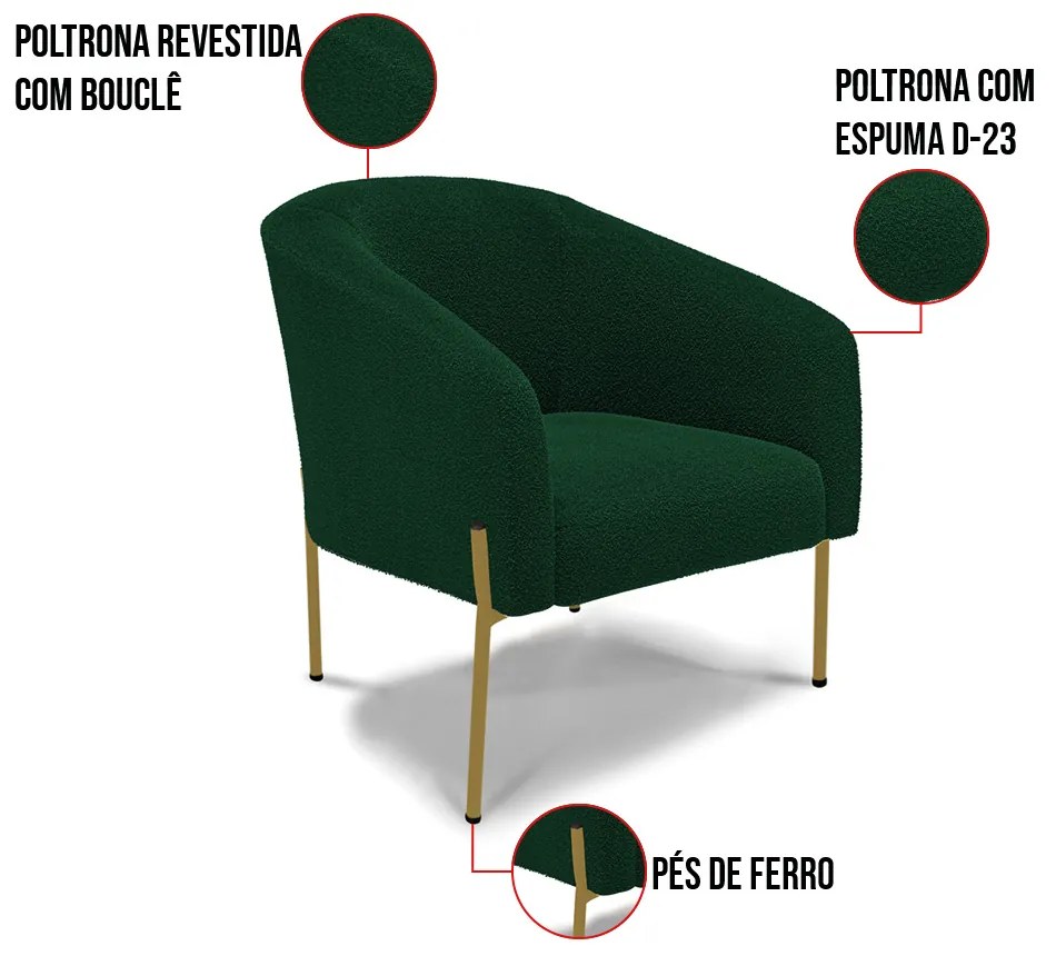 Poltrona Decorativa Pé Ferro Dourado Kit 2 Stella Bouclê D03 - D'Rossi - Verde