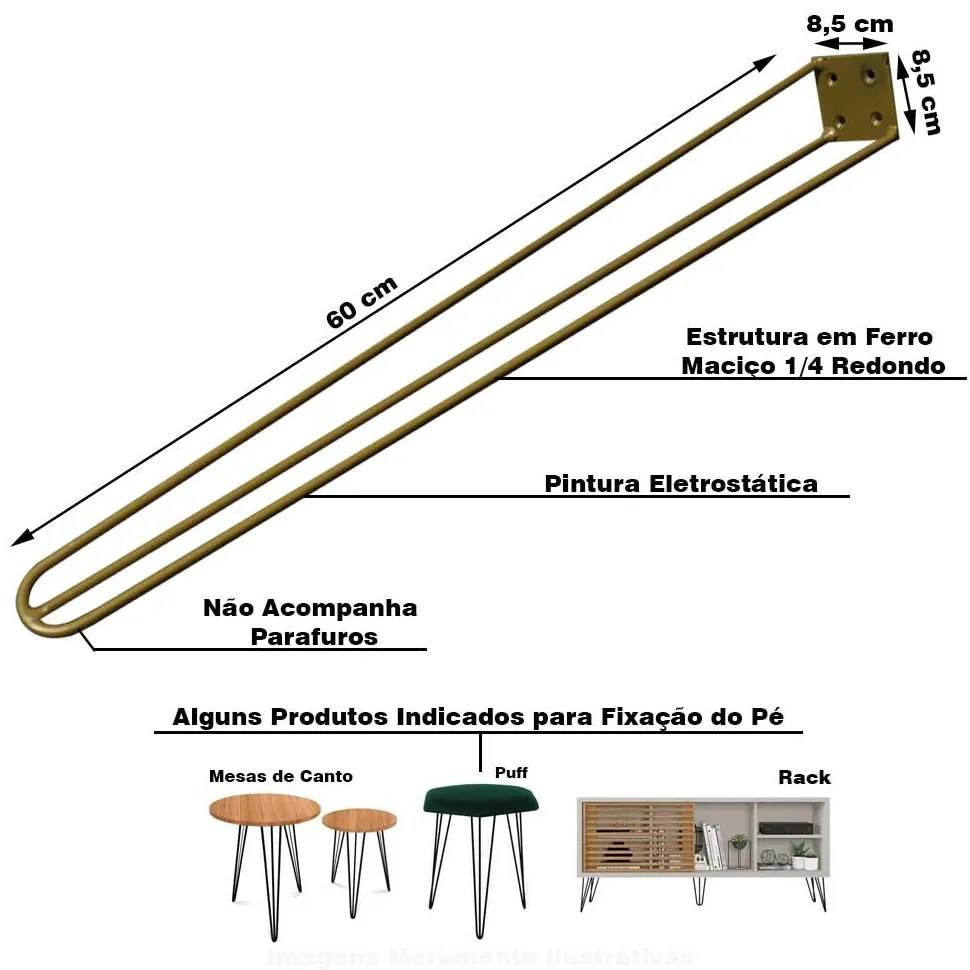 Kit 8 Pés de Metal 90 CM Hairpin Legs Aparador e Mesa de Canto Dourado G41