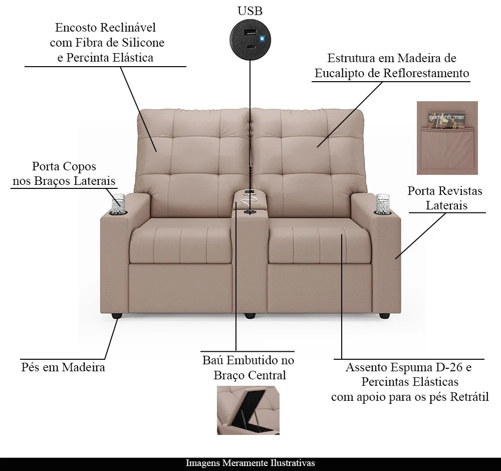 Poltrona Reclinável Para Cinema Parma 2 Lugares Baú USB Veludo Rosê FH1 - D'Rossi