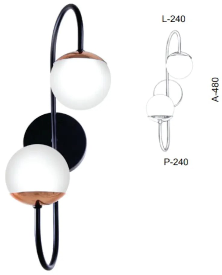 Arandela Globo Haste Curva Dupla 24X24X48Cm Metal E Globo Ø12Cm 02Xg9... (LUNA, FOSCO (BRANCO))