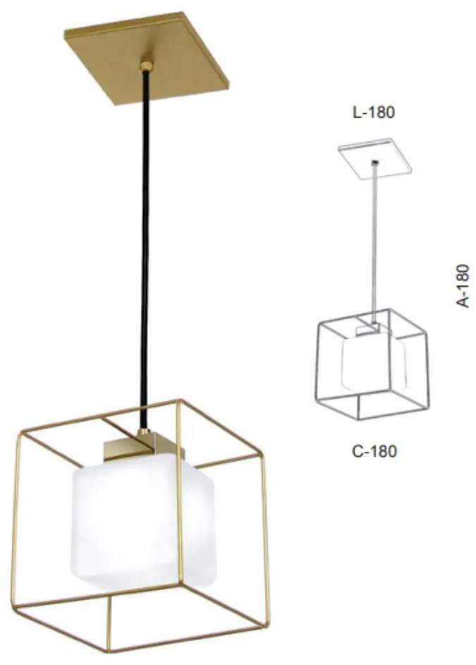 Pendente Aramado Vidro Quadrado Individual 18X18X18Cm Metal E Cubo 01X... (CHAMPANHE / DOURADO BRILHO, FOSCO (BRANCO))