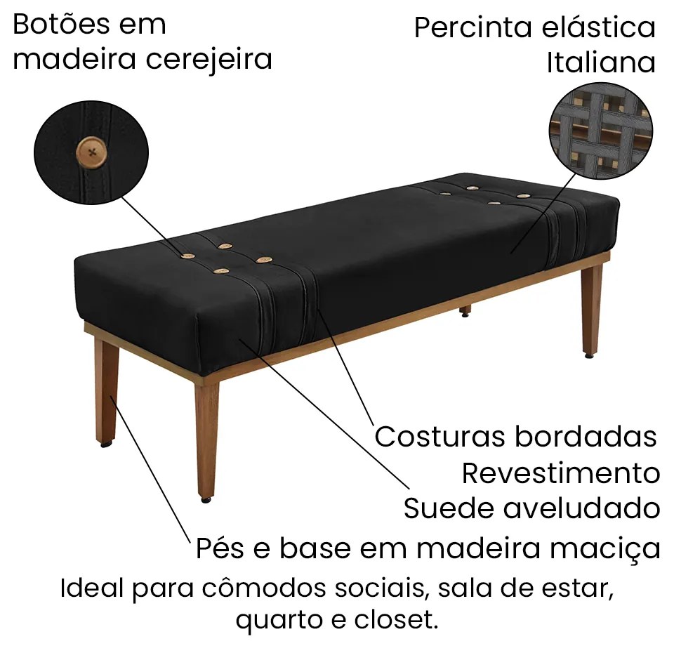 Divã Recamier Banco Base Madeira para Quarto Gênova 140cm Suede S04 - D'Rossi - Preto