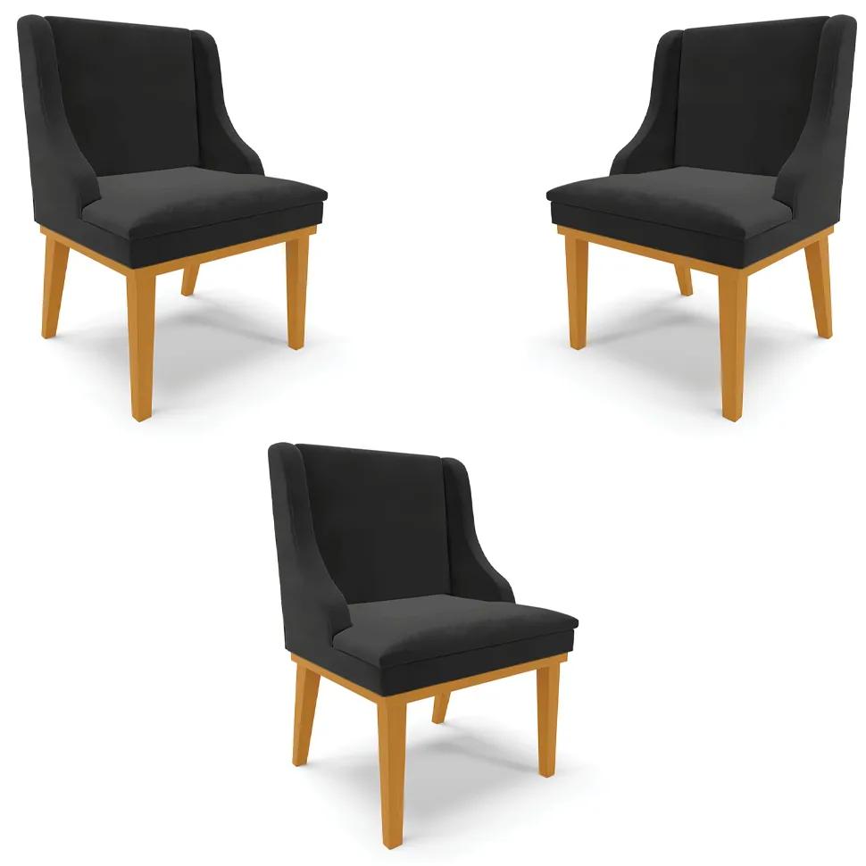Kit 3 Cadeiras Decorativas Sala de Jantar Base Fixa de Madeira Firenze Veludo Preto/Castanho G19 - Gran Belo
