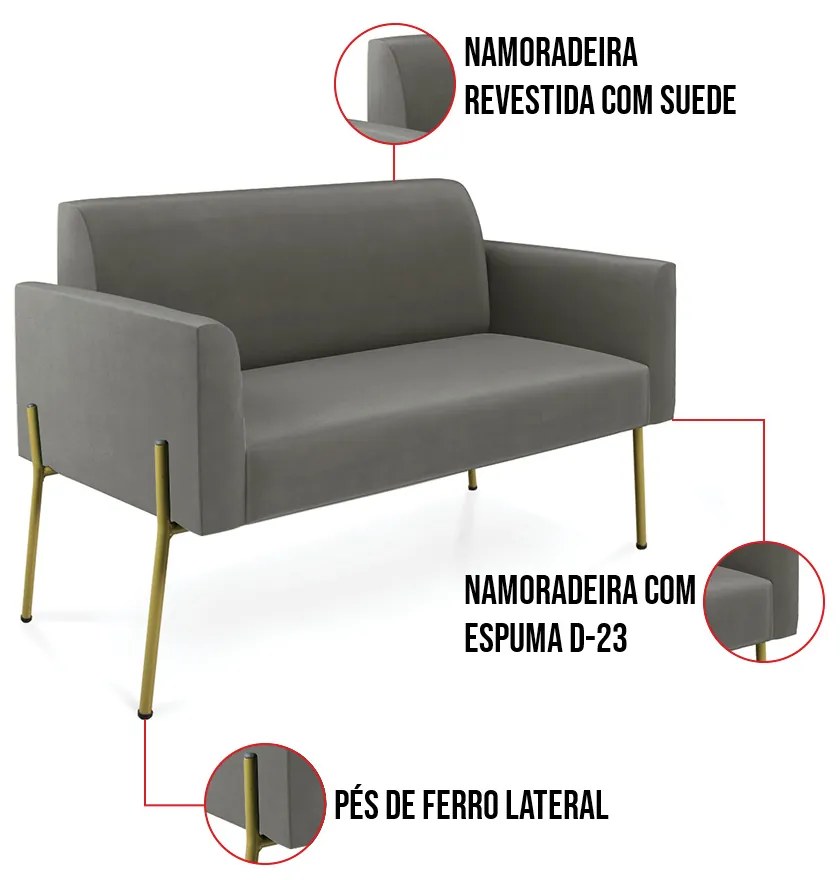 Sofá Namoradeira e 2 Poltronas Pé de Ferro Dourado Marisa Suede Grafite D03 - D'Rossi