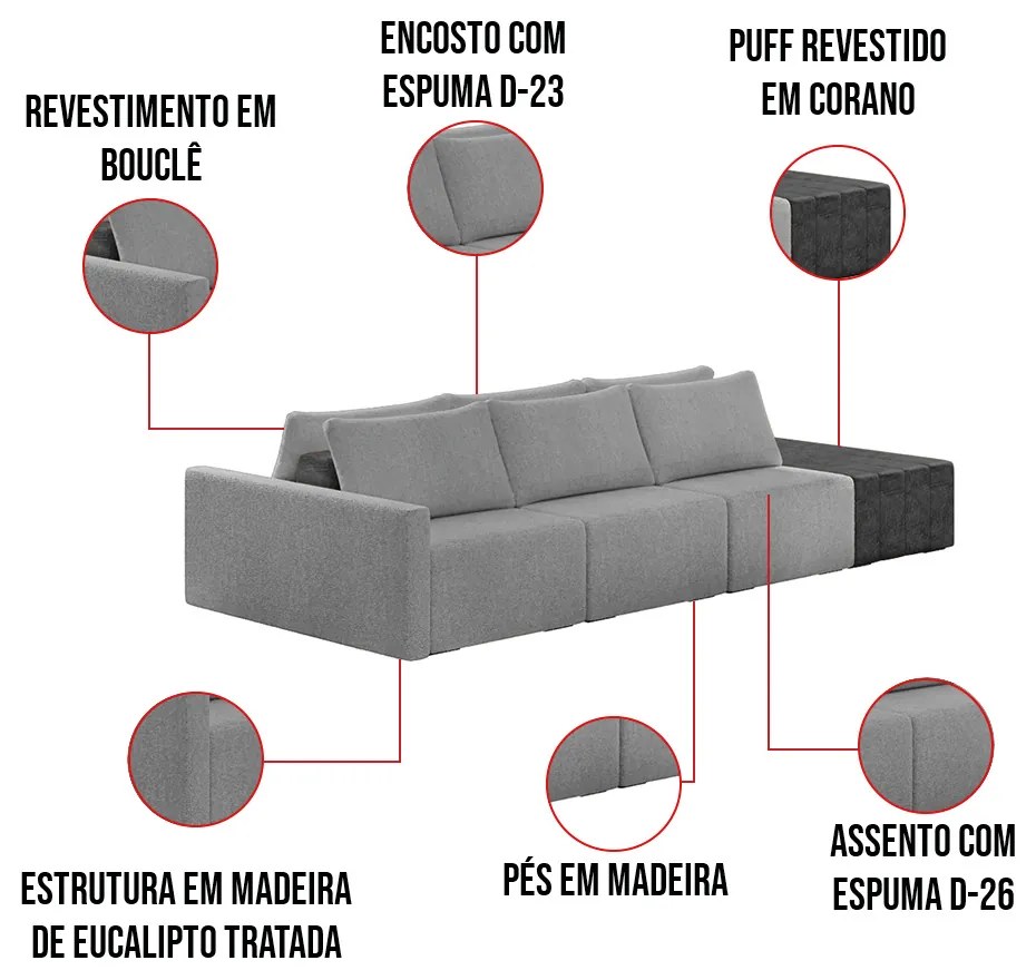 Sofá Ilha 3 Lugares Living 312cm Modulado Sala Lary Bouclê/PU Pto K01 - D'Rossi - Cinza claro