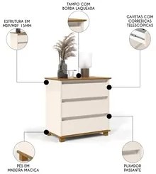 Cômoda para Quarto 3 Gavetas 68cm EJ Off White/Freijó - EJ Móveis