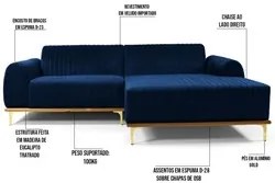 Sofá 265cm 4 Lugares com Chaise Direito Pés Gold Molino C-304 Veludo A