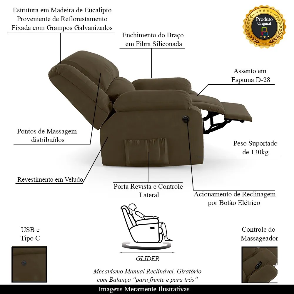 Poltrona do Papai Reclinável Sala de Cinema Madrid Glider Manual Giratória Massagem USB Veludo Capuccino  G23