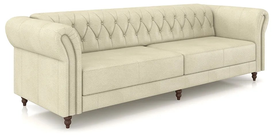 Sofá Living Sala de Estar Stanford Chesterfield 3 Lugares 260cm Pés de Madeira Couro Off White G58 - Gran Belo