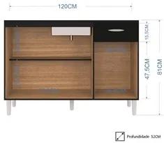 Balcão Gabinete de Pia para Cozinha 120cm 3 Portas Classic P11 Preto -