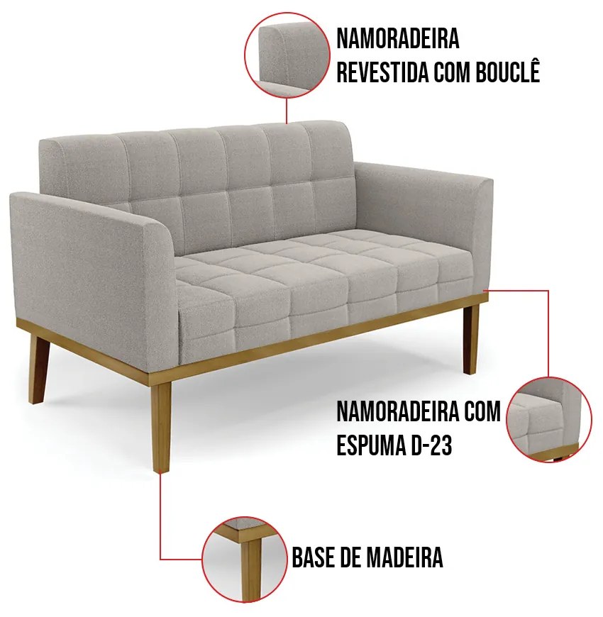 Sofá Namoradeira Base Madeira Fixa Castanho Elisa Bouclê Cinza D03 - D'Rossi