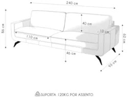 Sofá 3 Lugares Para Sala Living 240cm Vults L08 Couro Off   - Mpozenat