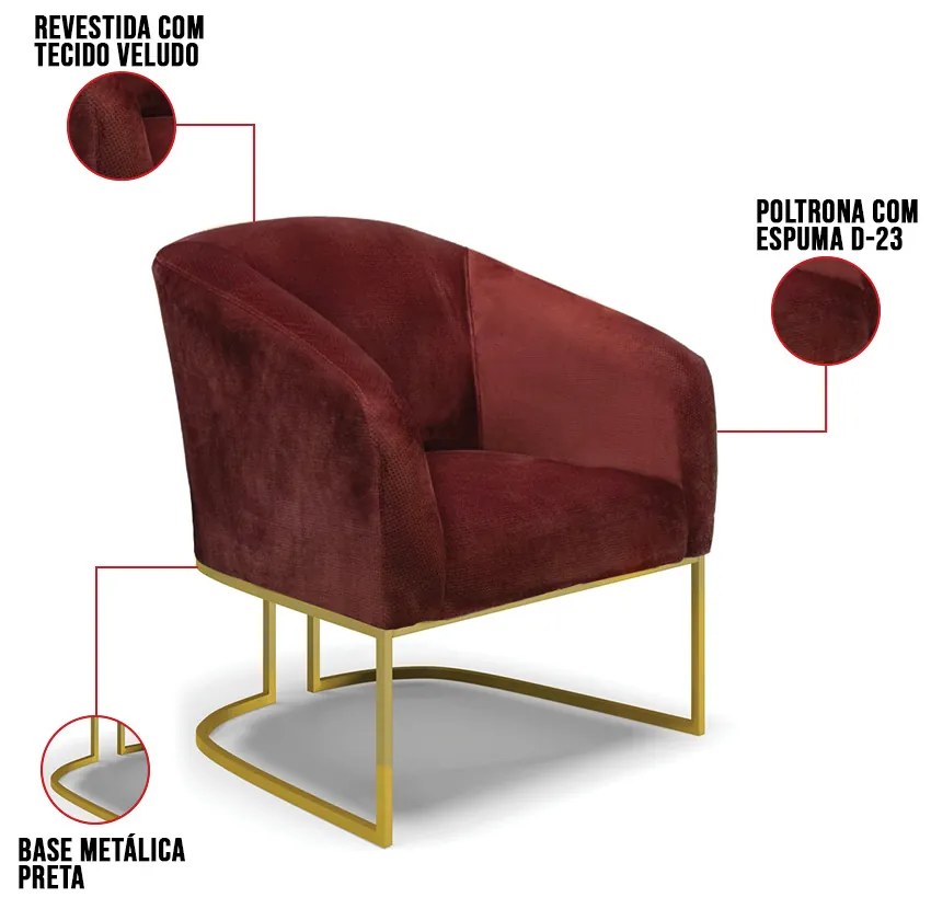 Poltrona Decorativa Industrial Dourado Stella Veludo Text Marsala D03 - D'Rossi