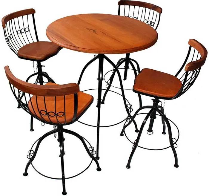 Mesa para Bar Regulável Clean + 4 Cadeiras em Ferro e Madeira de Jequitibá