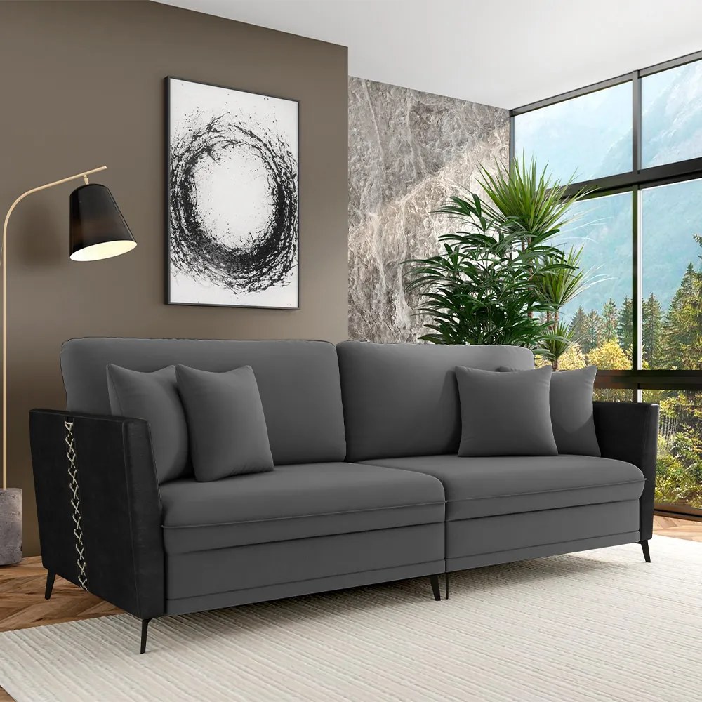 Sofá Living Decorativo Zagreb 2 Lugares 182cm com Almofadas Pés de Ferro Veludo/PU Grafite/Preto G33 - Gran Belo