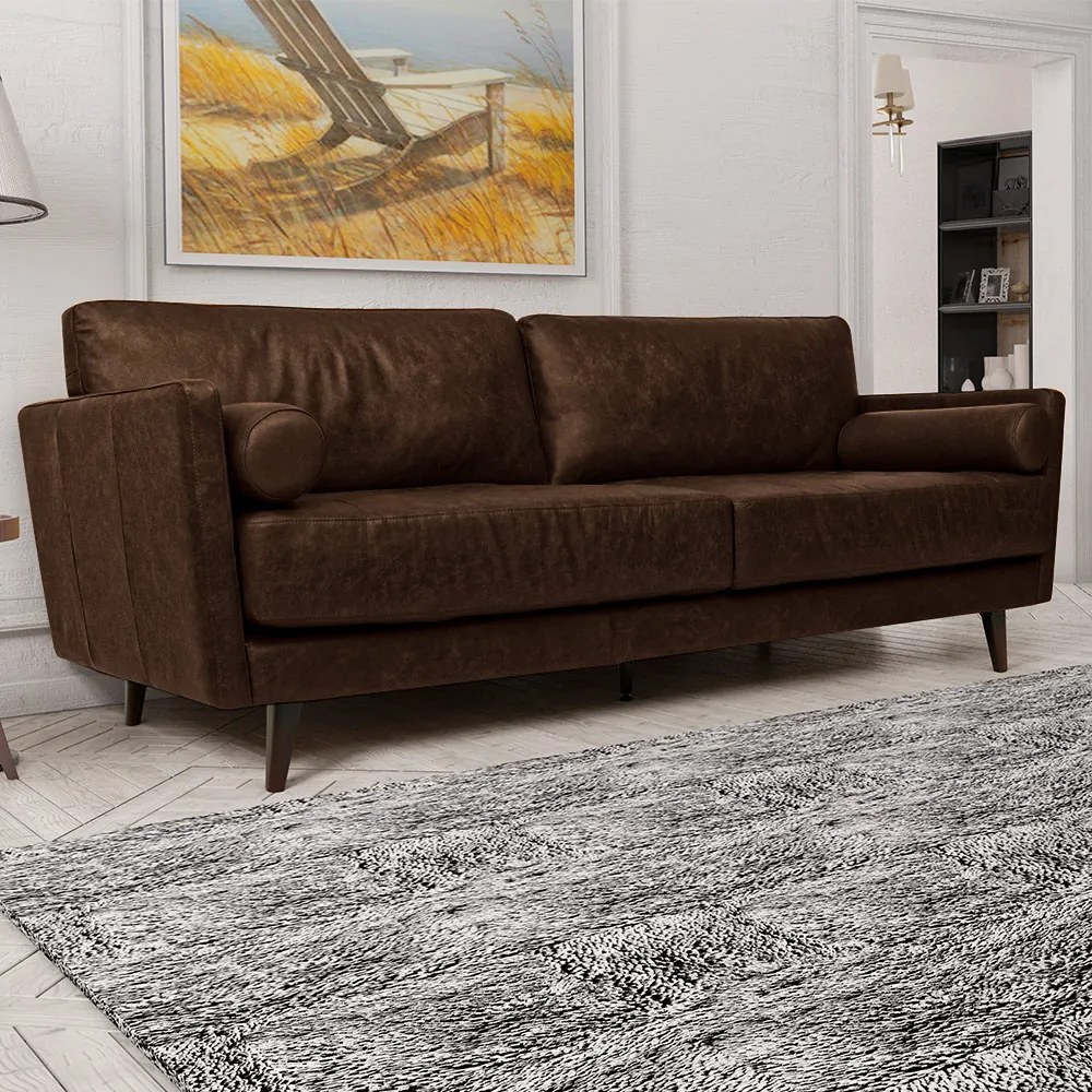 Sofá Decorativo Daemon 3 Lugares Sala de estar 212cm Pés em Eucalipto Couro Marrom Tabaco Manchado G40 - Gran Belo