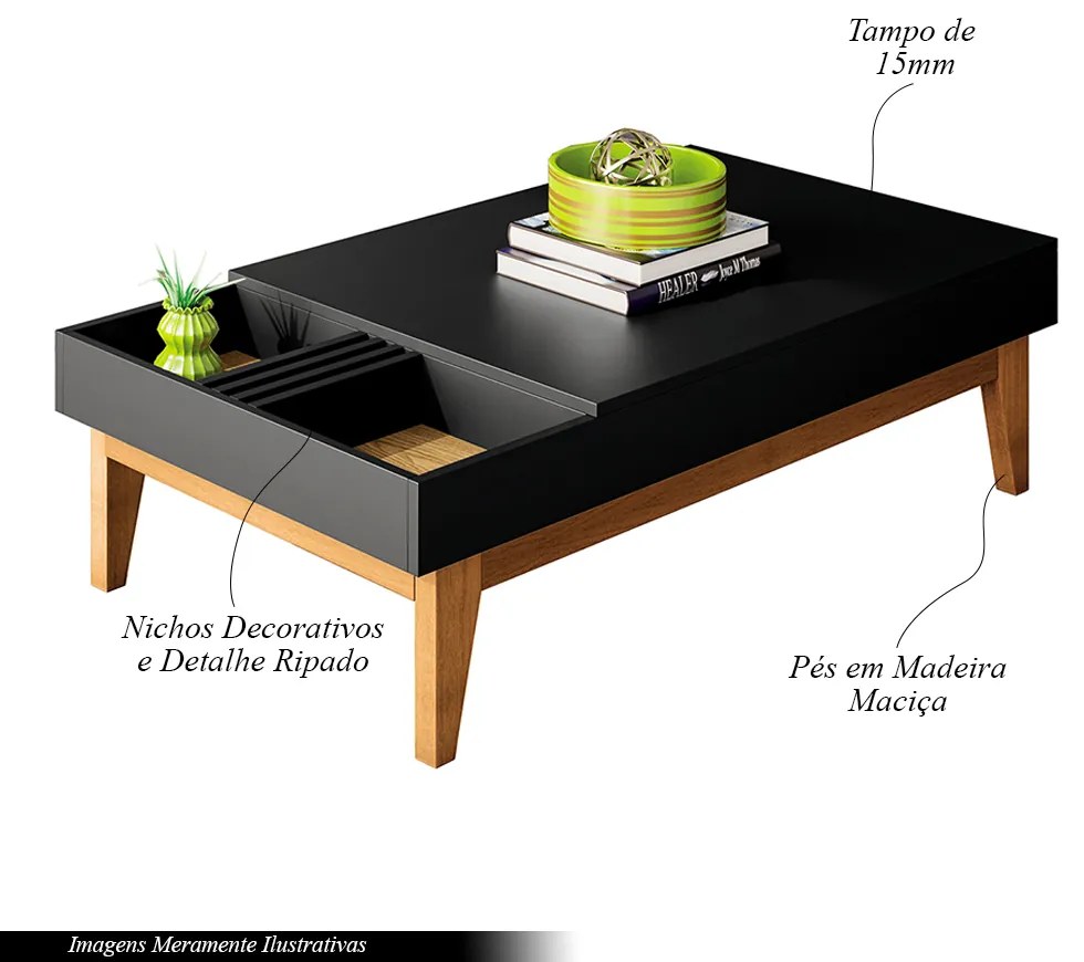 Mesa de Centro Decorativo Ripado Pés Madeira Maciça Bled Preto/Carvalho Intense G26 - Gran Belo