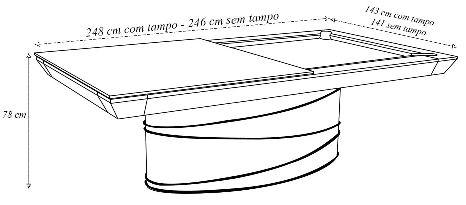 Mesa de Bilhar Sinuca e Jantar Sullivan Versátil com Tampo Removível 248 cm Base Oval Fendi G84 - Gran Belo