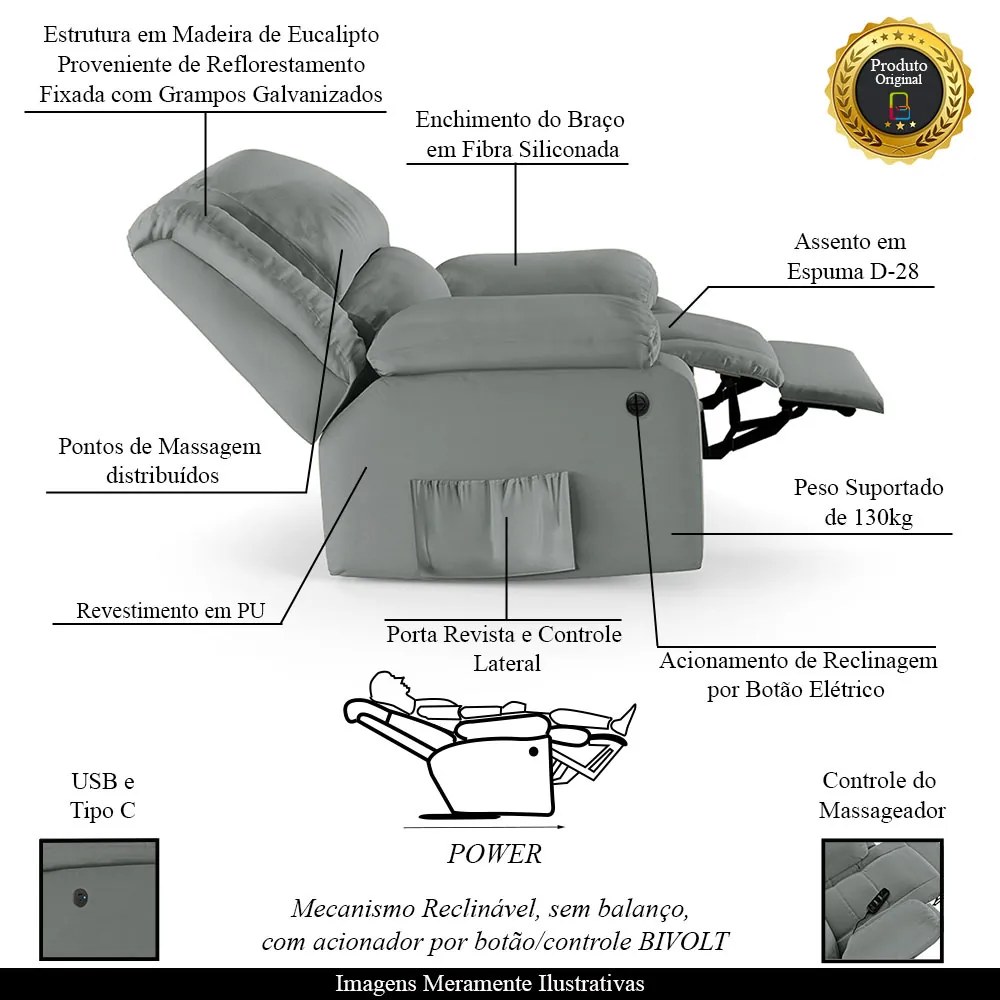 Poltrona do Papai Reclinável Melim Elétrica LED Massagem PU F FH1 - D'Rossi - Cinza