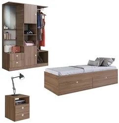 Cama Solteiro Com Mesa de Cabeceira e Guarda Roupa Tókio A05 Montana -