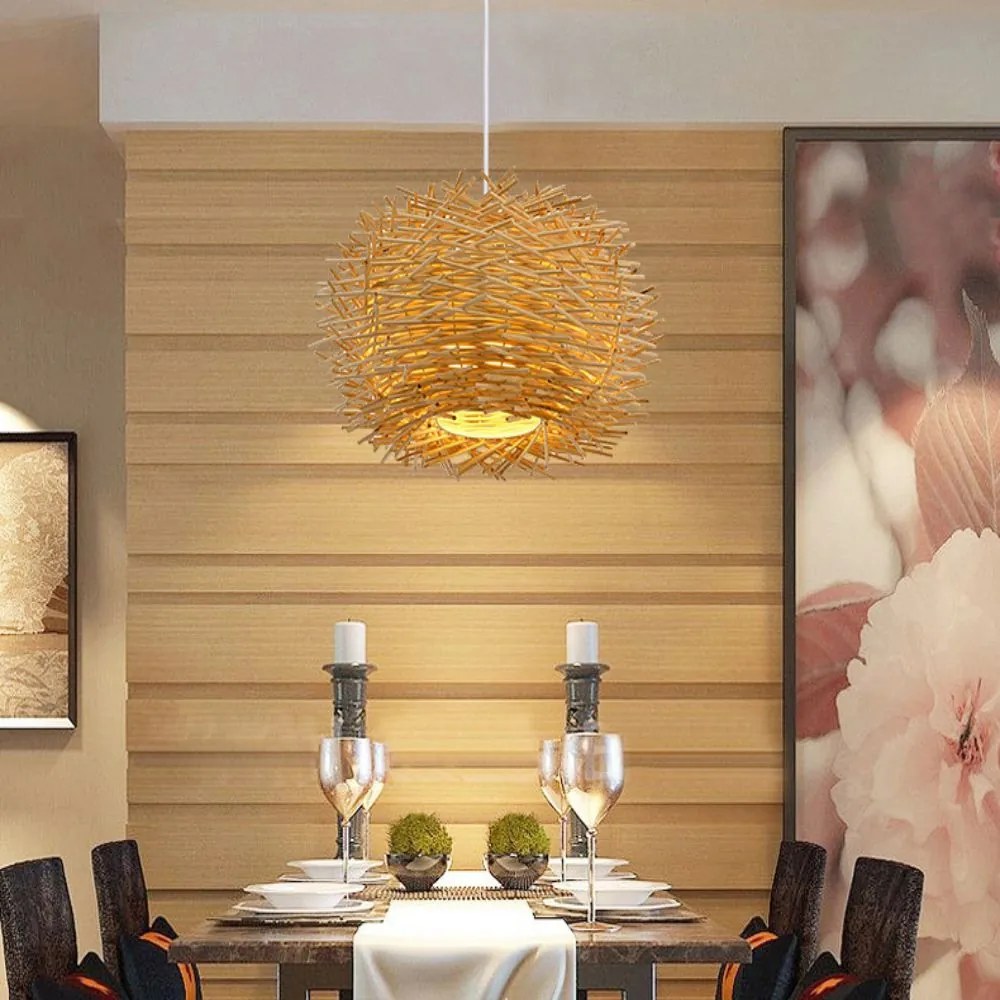 Pendente Luminaria Rattan lustre ninho de pássaro lâmpada sala estar jantar pastoral fazenda barra lâmpada do teto lustre rattan lâmpada de bambu - Modelo-30cm