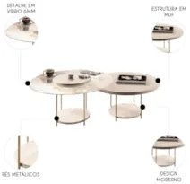 Mesa de Centro Para Sala Pés Metálicos Kit 2 Sky Off White - HB Móveis