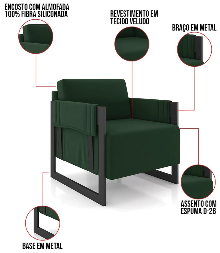 Poltrona Decorativa Base Industrial Rory Veludo Verde K01 - D'Rossi