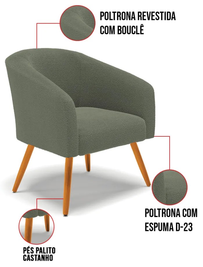 Poltrona Para Sala Pé Palito Castanho Kit 2 Stella Bouclê D03 - D'Rossi - Verde Pistache