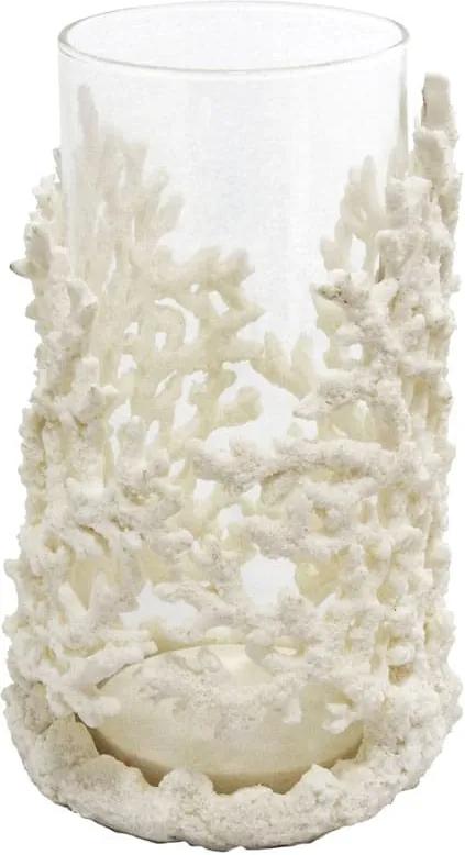 Castiçal Decorativo de Coral em Resina Branca e Vidro - 25x16x13cm