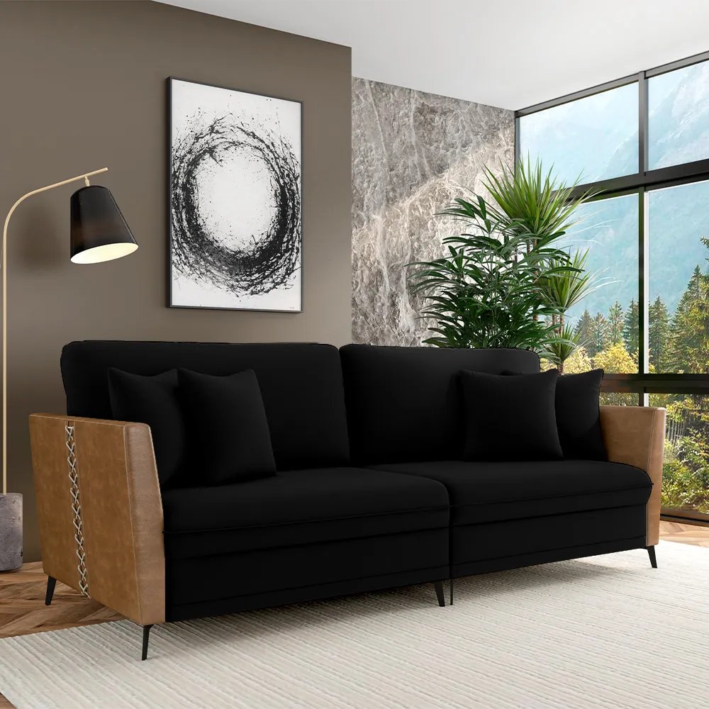 Sofá Living Decorativo Zagreb 2 Lugares 182cm com Almofadas Pés de Ferro Veludo/PU Preto/Caramelo G33 - Gran Belo