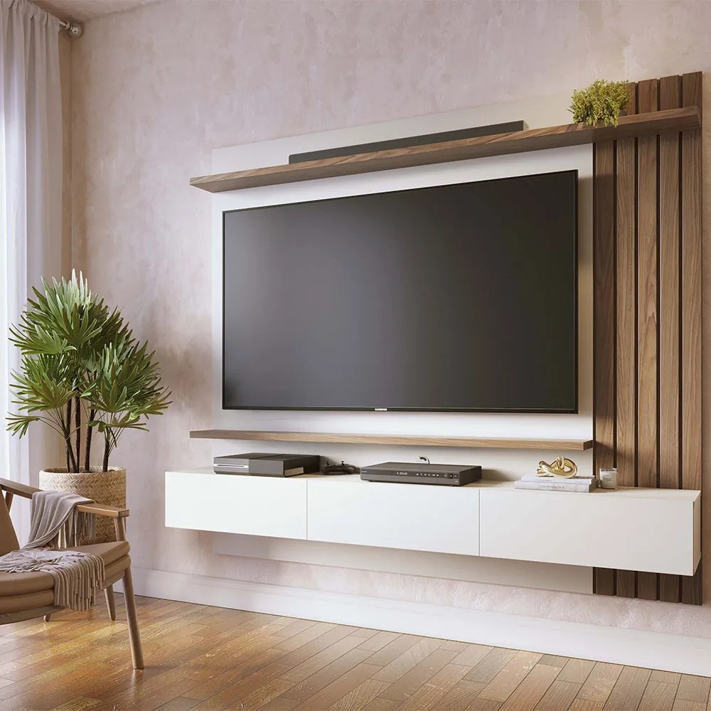Painel TV 70 Pol 180cm Bancada Suspensa Ripado Luca Amendoa/Off White Matte C04 - D'Rossi