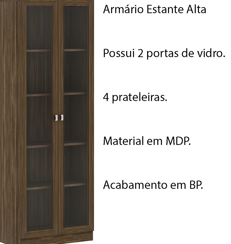 Armário Estante Alto Porta de Vidro ME4115 MDP Nogal G69 - Gran Belo