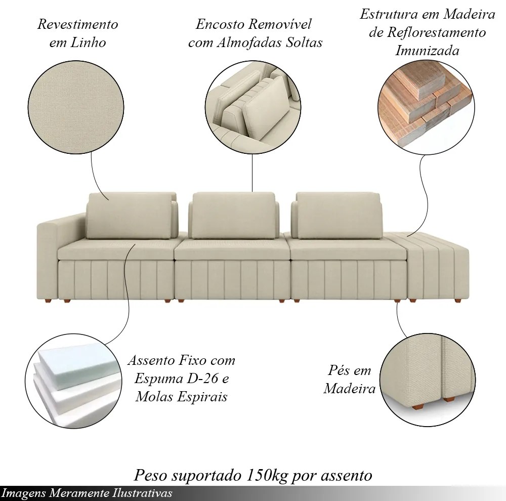 Sofá Ilha com Encosto e Almofadas Móveis Olimpo 335cm Modulado Linho Bege G45 - Gran Belo