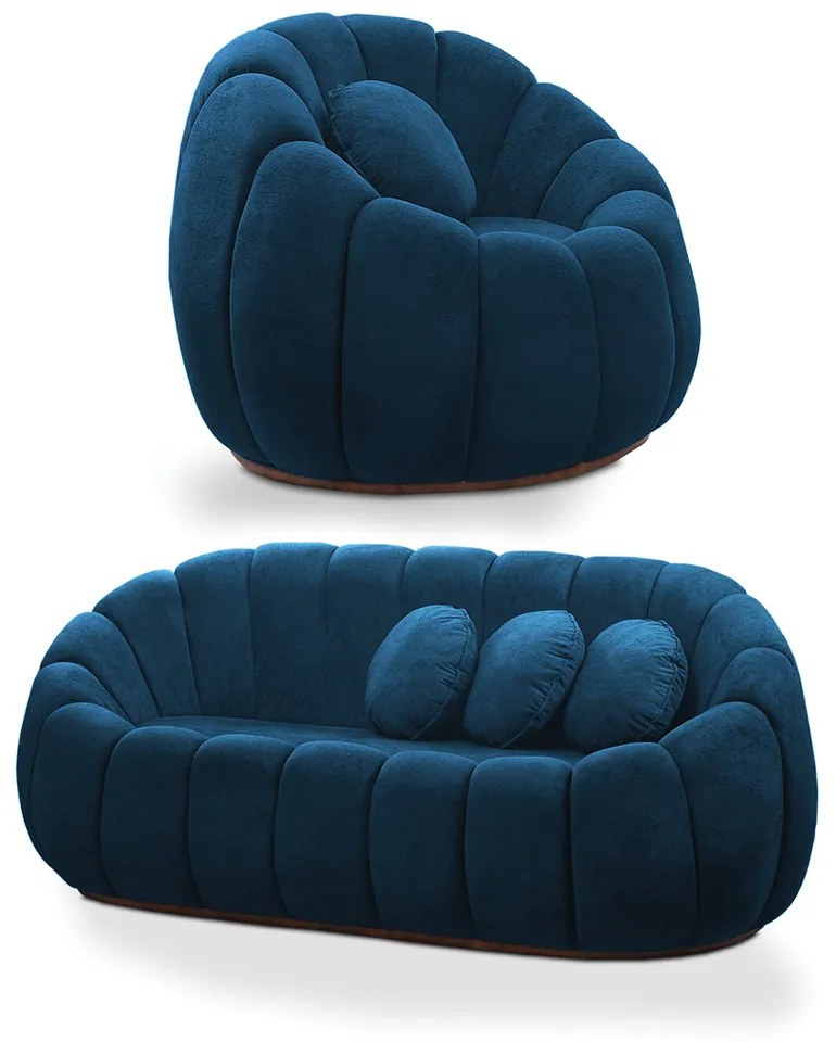 Sofá 2 Lugares com Poltrona Giratória Orgânica Cloud Bouclê Azul Marinho E03 - D'Rossi