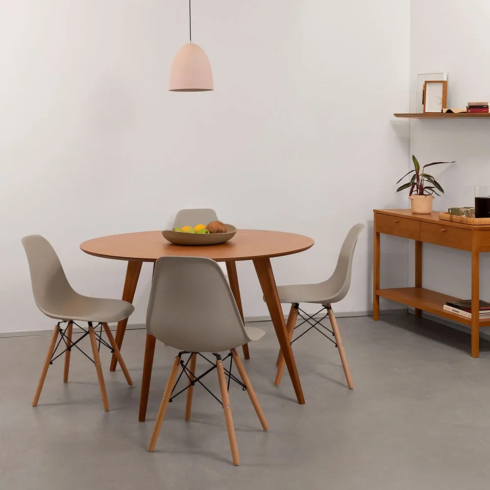 Conjunto Mesa Jantar Square Laminada Redonda Natural - 1,18m + 4 Cadeiras Eiffel PP - Bege Acinzentado