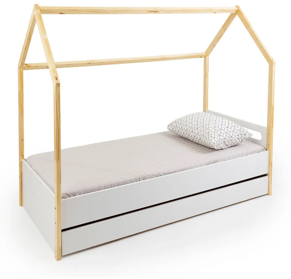 Cama Montessoriana Tivoli com Casinha e Grades de proteção - Branco e Nature