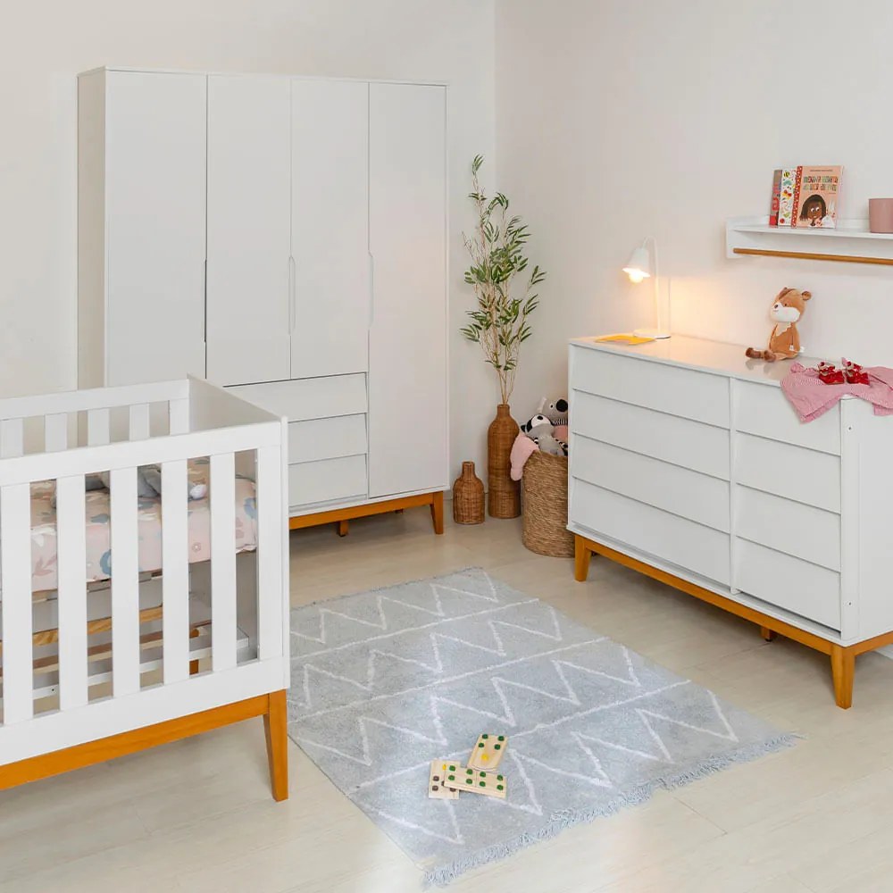 Kit Quarto Infantil Noah com Pés Square Mel - Berço Mini Cama + Guarda-Roupa + Cômoda com 4 Gavetas e 1 Porta - Branco