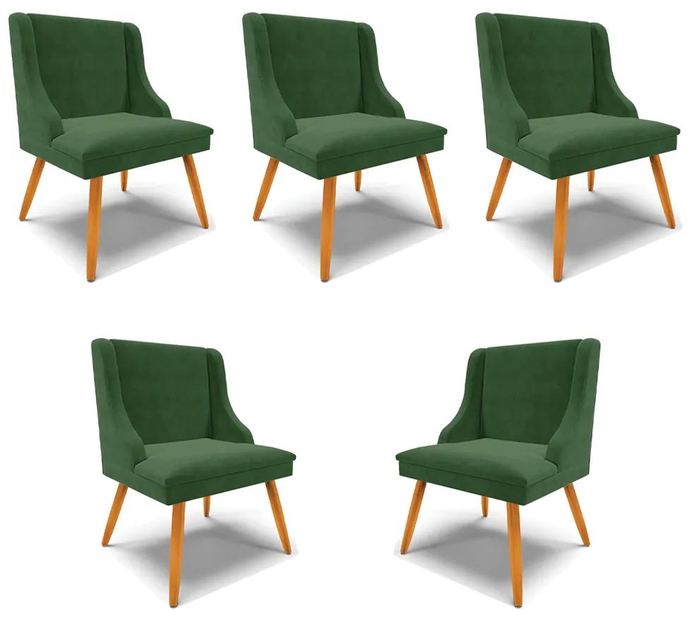 Kit 5 Cadeiras Decorativas Sala de Jantar Pés Palito de Madeira Firenze Suede Verde Esmeralda/Natural G19 - Gran Belo