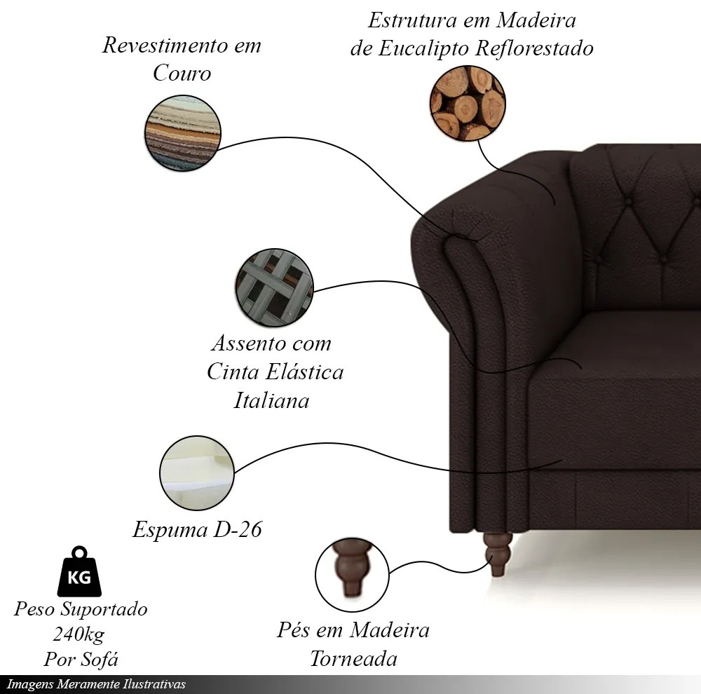 Conjunto de Sofá Sala de Estar Stanford Chesterfield 2 e 3 Lugares 180cm/240cm Pés Madeira Couro Marrom G58 - Gran Belo