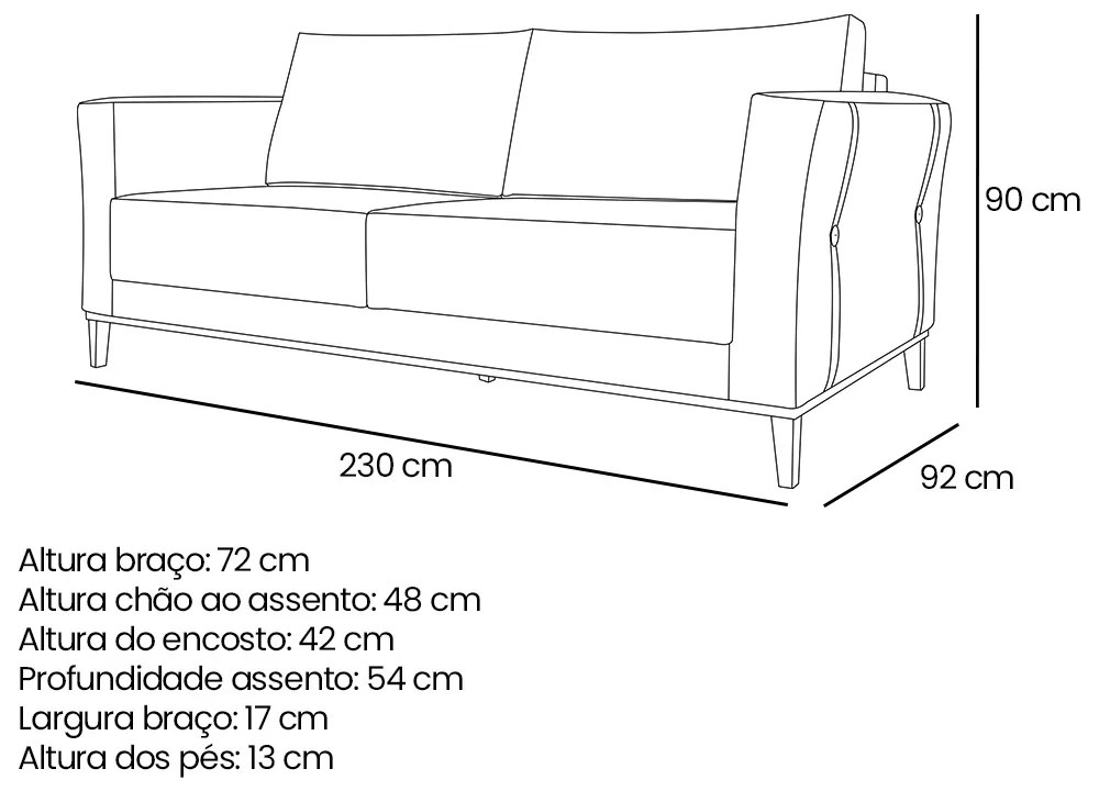 Sofá 3 Lugares Base de Madeira Grace 230 cm Linho S04 - D'Rossi - Grigio