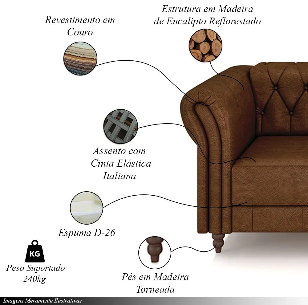 Sofá Living Sala de Estar Stanford Chesterfield 2 Lugares 220cm Pés de Madeira Couro Marrom Manchado G58 - Gran Belo