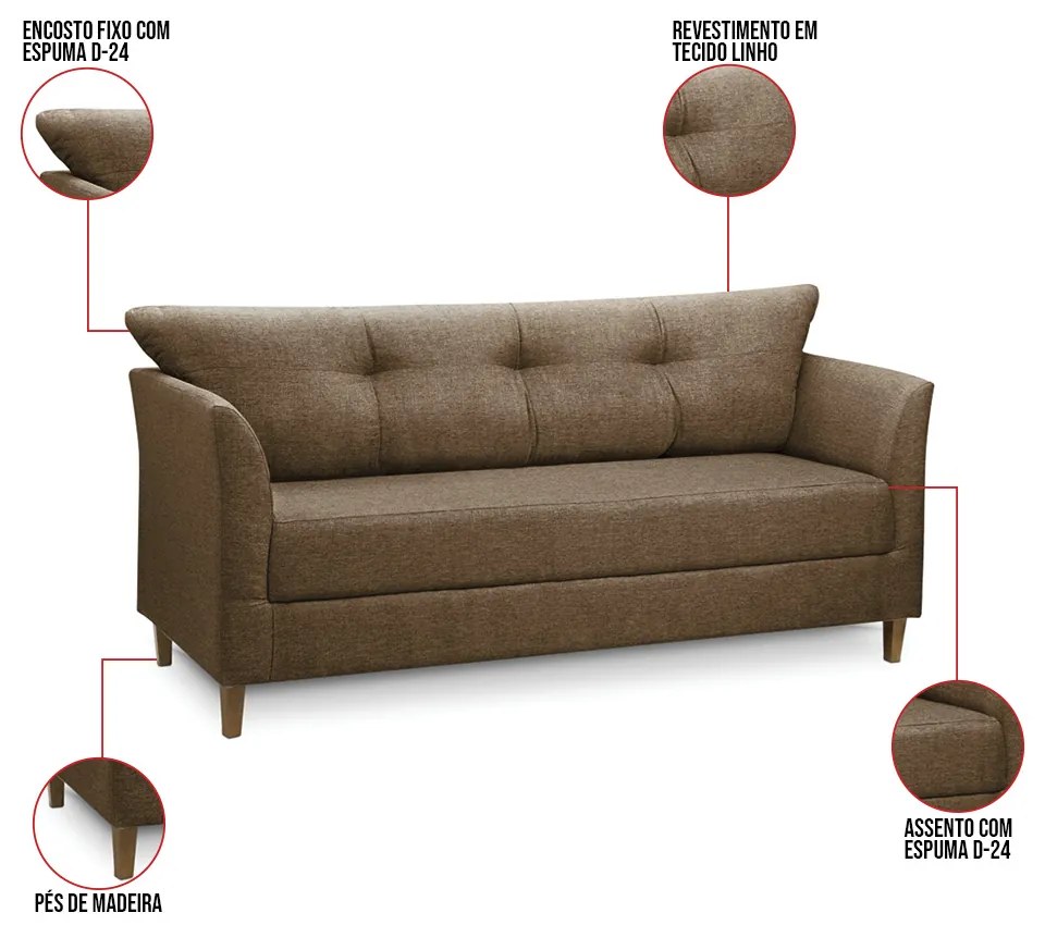 Sofá 3 Lugares Living para Sala Leblon 180cm Linho Marrom Cacau E03 - D'Rossi