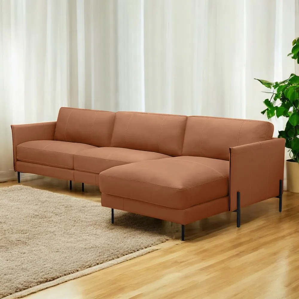 Sofá Decorativo Karine 5 Lugares Sala de estar 330cm com Chaise Pés em Aço Couro Conhaque G88 - Gran Belo