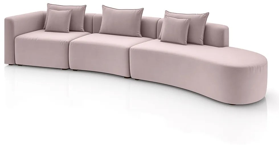 Sofá Curvo Decorativo Kimiko 447Cm 6 Lugares Sala de Estar com Chaise Veludo Rosê G52 - Gran Belo