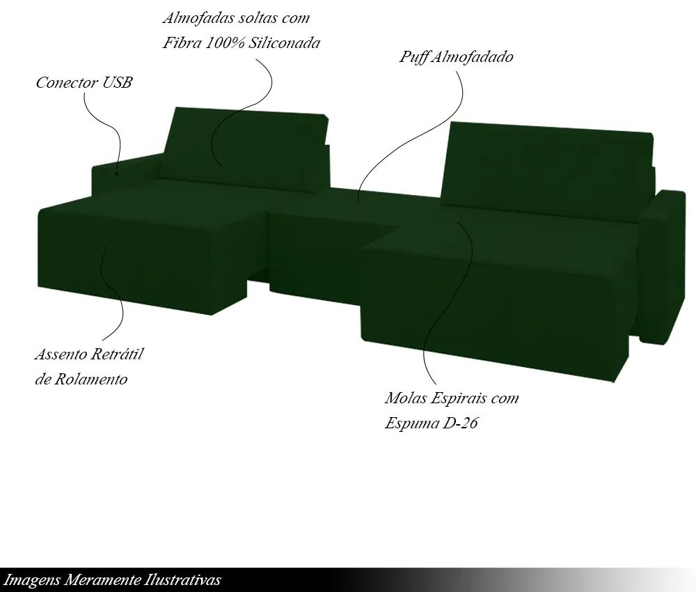 Sofá Retrátil Embutido Modulado com Puff 6 Lugares Xerxes 309cm Veludo Verde G33 - Gran Belo