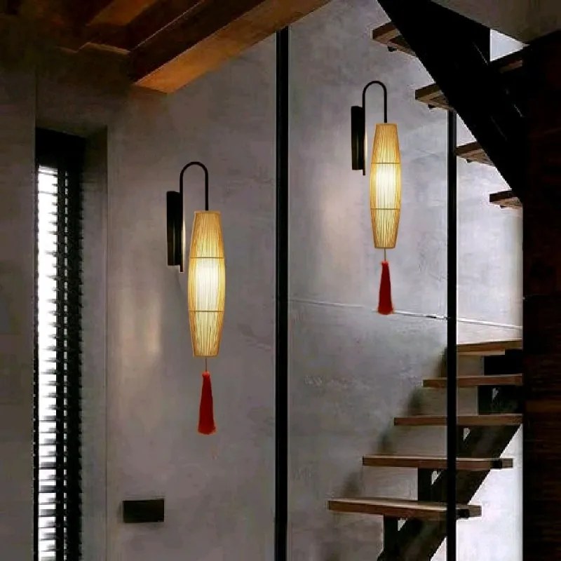 Arandela parede japonês bambu lâmpada de parede quarto cabeceira corredor escada log lâmpada led novo chinês zen criativo hotel lâmpada de parede - A