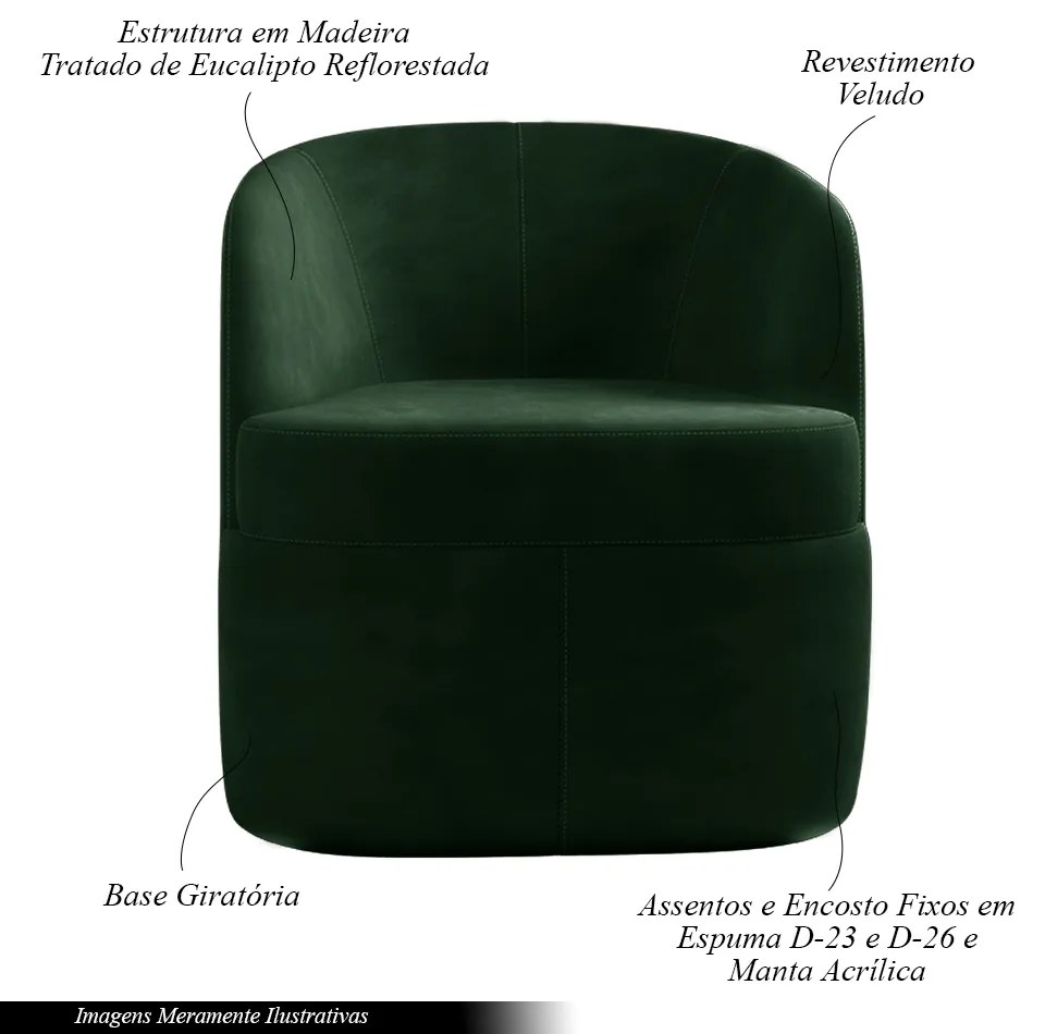 Poltrona Decorativa Design Moderno Bel Sala de Estar Base Giratória Veludo Verde G33 - Gran Belo