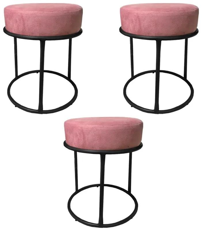 Kit 3 Puffs Decorativos Redondos Luxe Base de Aço Preta Suede Rosê - Sheep Estofados - Rosa